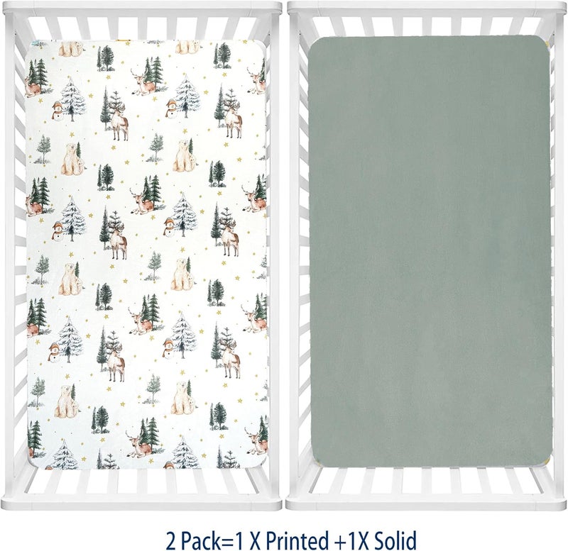 AMROSE 2 Pack Microfleece Crib Sheets, 28'' X 52'' Flannel Fleece Crib Fitted Sheets for Crib and Toddler Mattress Pad, Soft Comfy Warm Crib Sheets for Boys Girls, Winter Woodland - Image 5